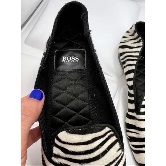Hugo Boss Womens 37 Sz 7 Calf-hair Fur Zebra Print Loafer Flats Black - Picture 7 of 11